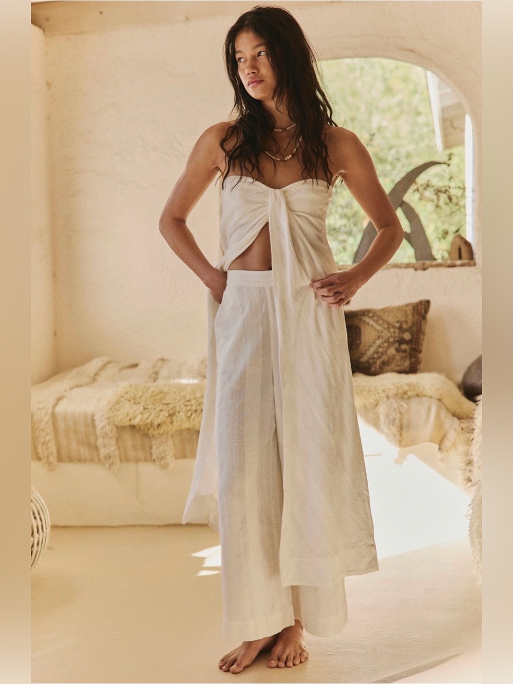 EUC Free People Banita Top Strapless Cream Medium Linen Cotton Boho Festival - Picture 3 of 11